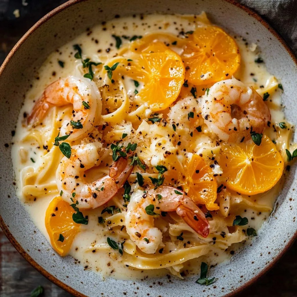 Festliche Stern Pasta mit Orangen Ricotta Sauce und Scampi