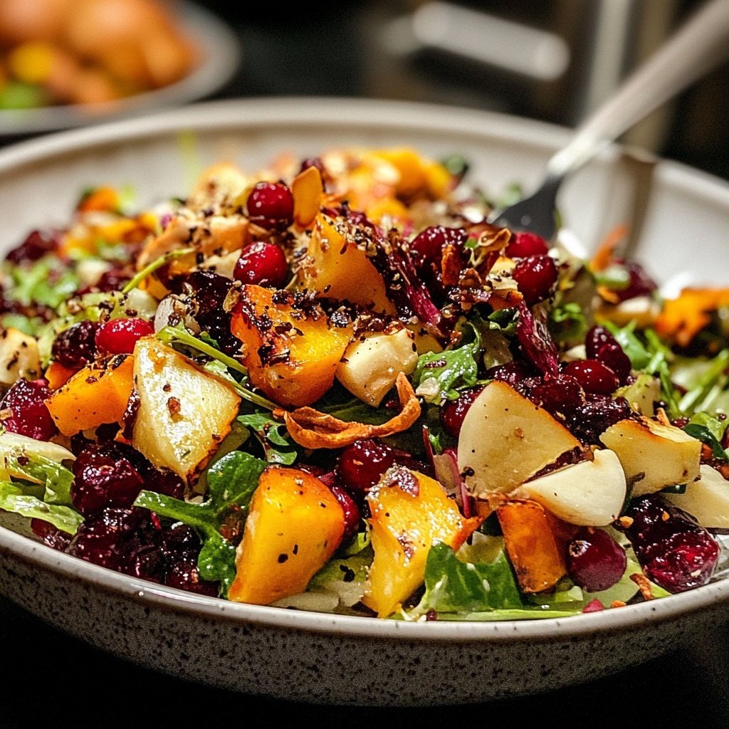 Wintersalat mit Butternutkürbis Rosenkohl Cranberries Pekannüssen und Roter Bete